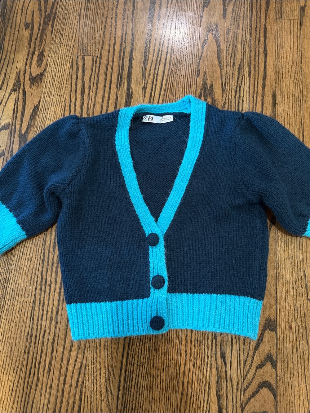 Zara Navy Soft Fuzzy Cardigan with Bright Turquoise Trim
